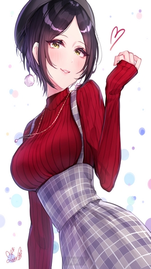 Anime girl with black hair and a red sweater. 19054999 Vector Art