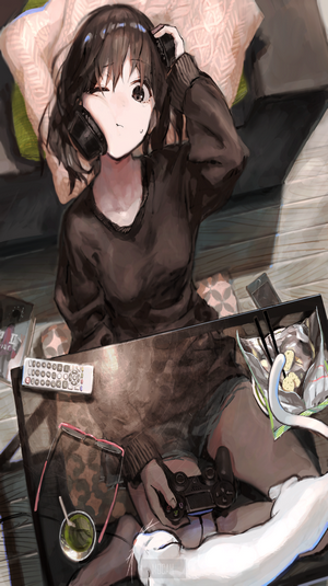 Anime girl with headphones playing video games