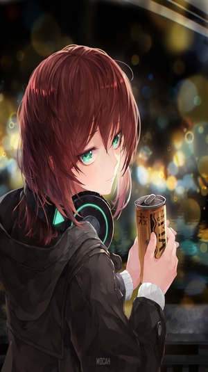 Anime Girl with Green Eyes and Headphones Holding a Can