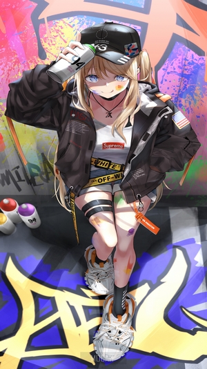 Anime girl with spray can in front of graffiti