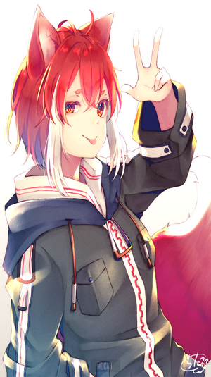 Anime fox girl with red hair and jacket