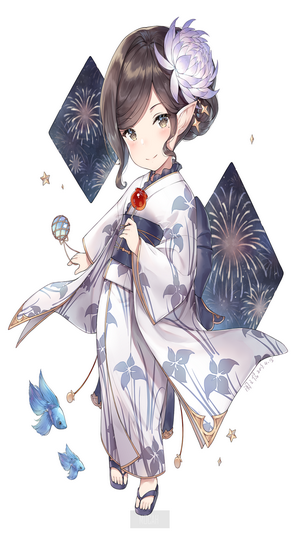 Anime girl in yukata with fireworks and fish