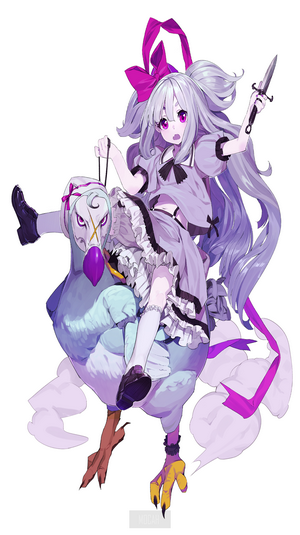 Anime girl riding a bird with a knife
