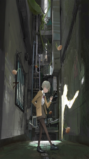 Anime girl in school uniform in an alley