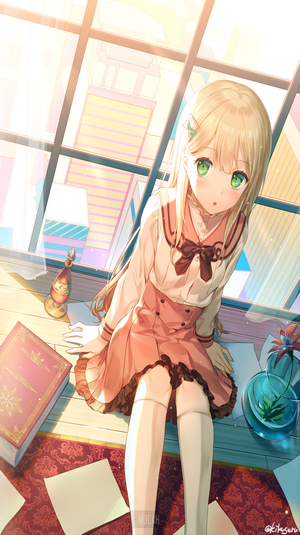 Anime girl with blonde hair and green eyes sitting by window