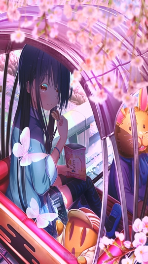 Anime girl in a rickshaw with cherry blossoms
