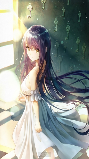 Anime girl with long dark hair in a white dress
