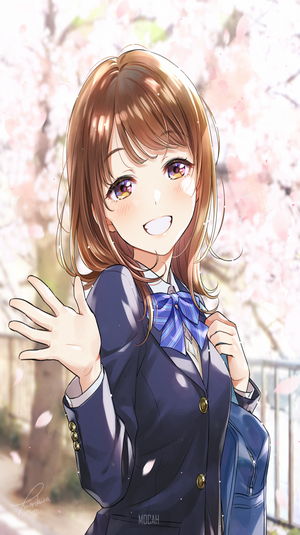 Morikura En Smiling Schoolgirl in Cherry Blossom Setting