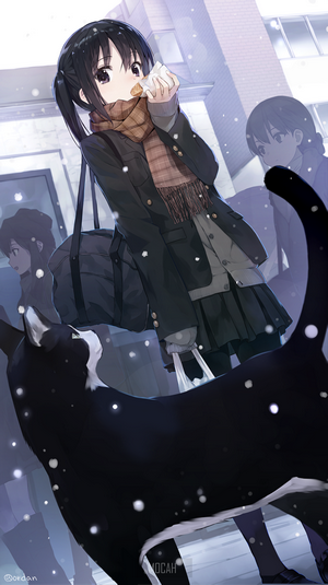 Anime girl with black twintails eating and a cat in snow