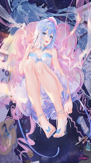 Anime girl with blue hair and dress painting