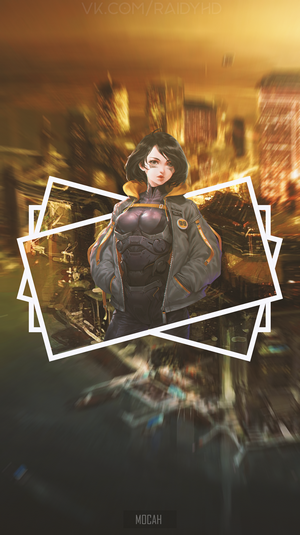 Anime girl in futuristic outfit with city background