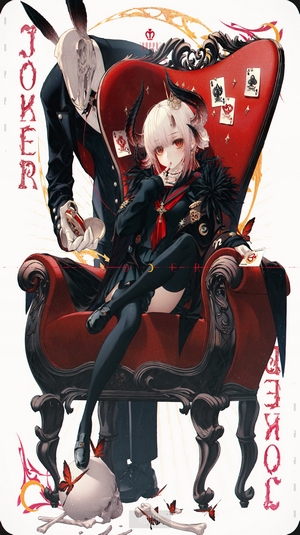 Anime Girl with Joker Motif and Mysterious Masked Figure