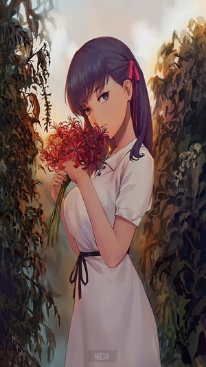 Matou Sakura from Fate/Stay Night holding flowers