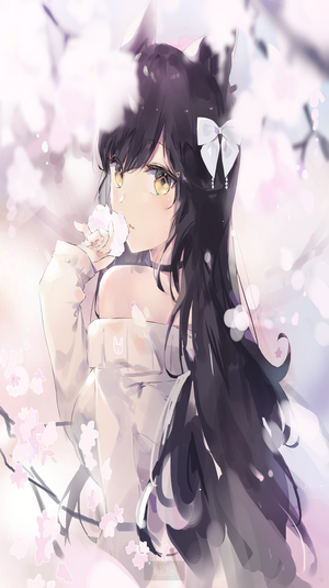 Anime Girl with Cat Ears Among Cherry Blossoms