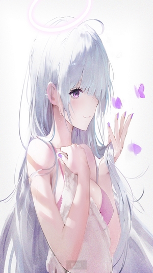 Anime girl with white hair and purple eyes