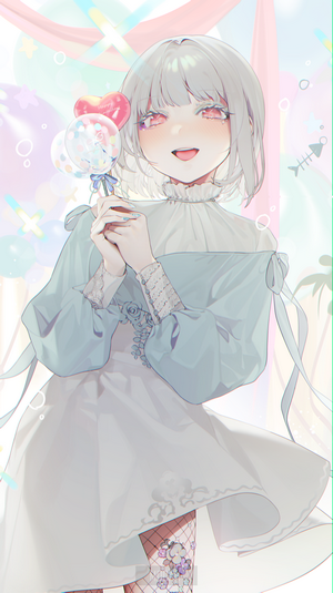 Anime girl with short white hair holding a lollipop