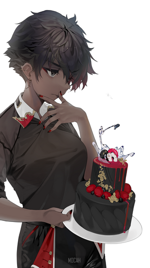 Anime character with a black cake