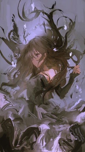 Anime girl with dark hair and purple eyes