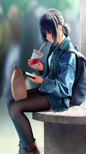 Anime Girl with Smartphone and Drink