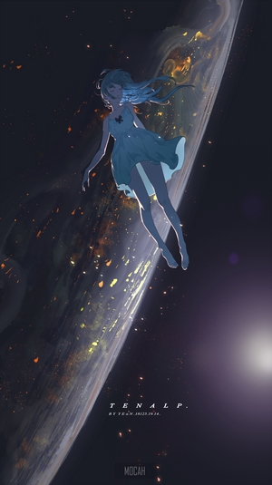 Anime girl floating in space with planet