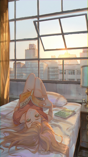 Anime girl reading a book on a bed by the window