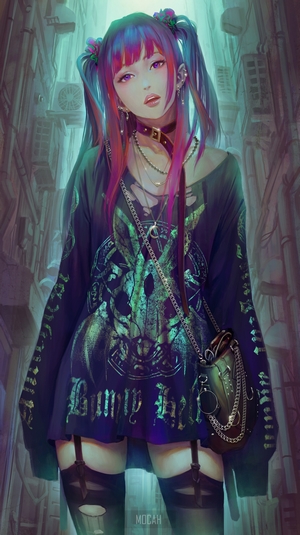 Anime girl with colorful pigtails in alley