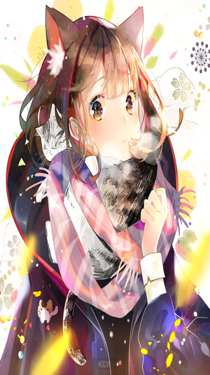 Anime girl with cat ears and cats