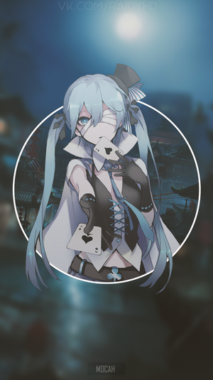 Anime girl with blue hair and eyepatch holding playing cards