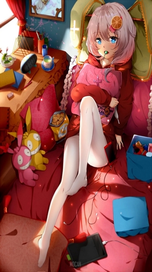 Anime girl with pink hair eating snacks in a room