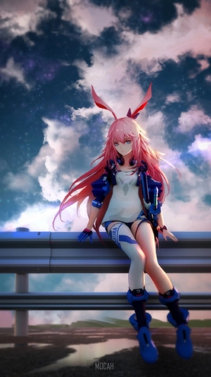 Anime girl with pink hair and animal ears sitting on a guardrail
