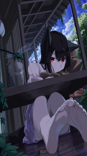 Anime cat girl with dragonfly on a porch