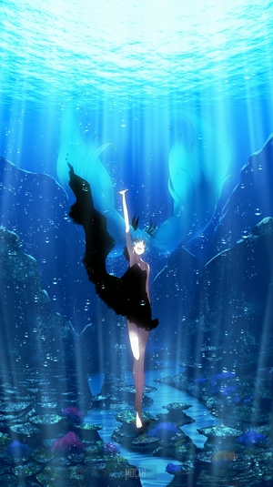 Anime girl with blue hair underwater