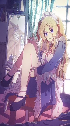 Anime girl in maid outfit sitting by window