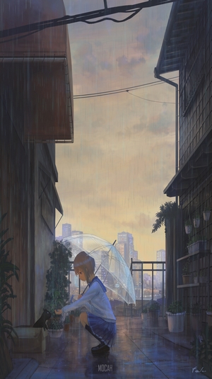 Anime girl with umbrella petting a cat in the rain