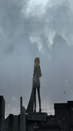 Anime girl with blonde hair and headphones standing on a rooftop