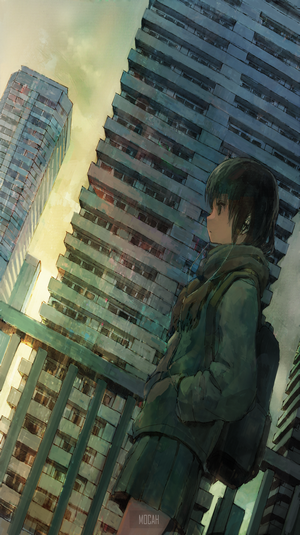 Anime girl with earphones and backpack in city
