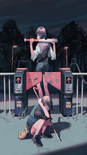 Two anime girls with baseball bats in a park