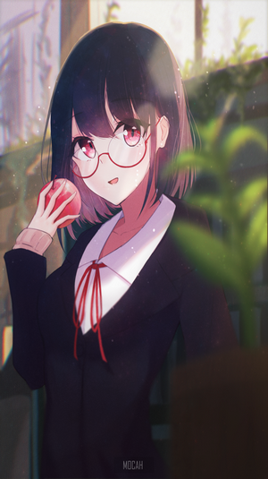 Anime girl with glasses holding an apple