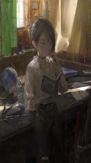 Anime girl studying at a desk with a globe