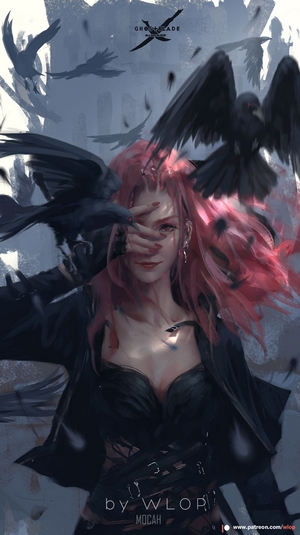 Redhead anime girl with crows by WLOP