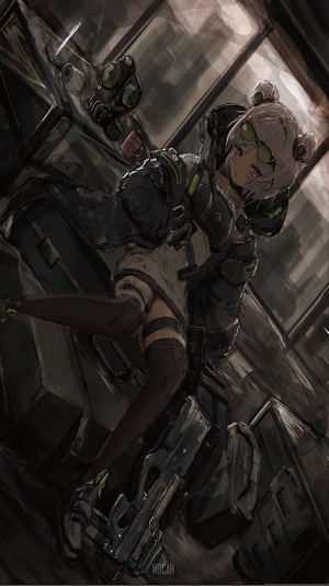 Anime girl with gas mask and gun