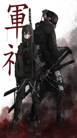 Anime girl and cyborg with swords