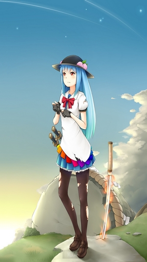 Hinanawi Tenshi from Touhou with swords and hat