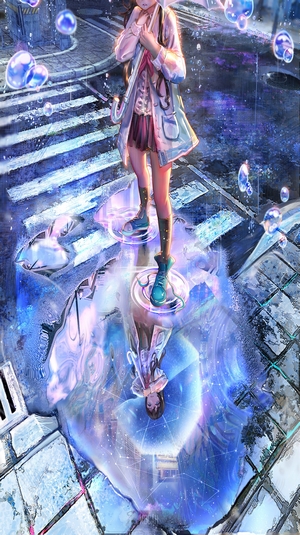 Anime girl in rain with umbrella reflection