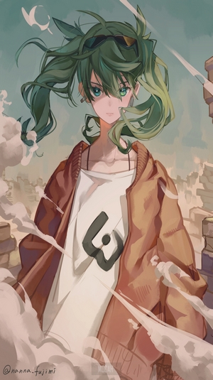 Anime girl with green twintails wearing a jacket and t-shirt
