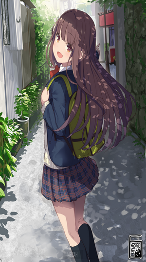Anime girl in school uniform walking down a street