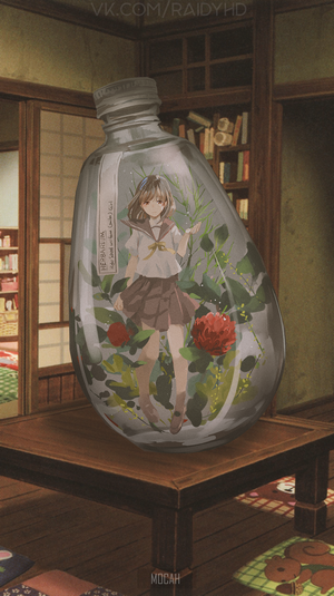 Anime girl in a bottle herbarium with flowers