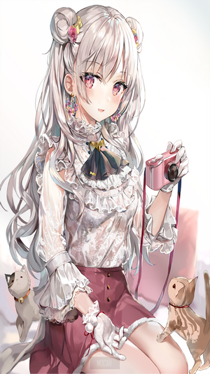 Anime girl with white hair holding a pink camera with cats