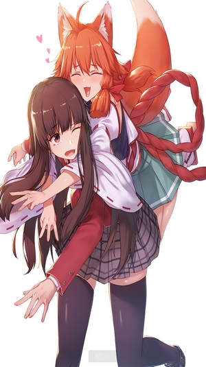 Anime girls hugging, one with fox ears and tail
