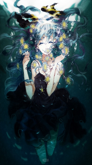 Anime girl with flowers underwater